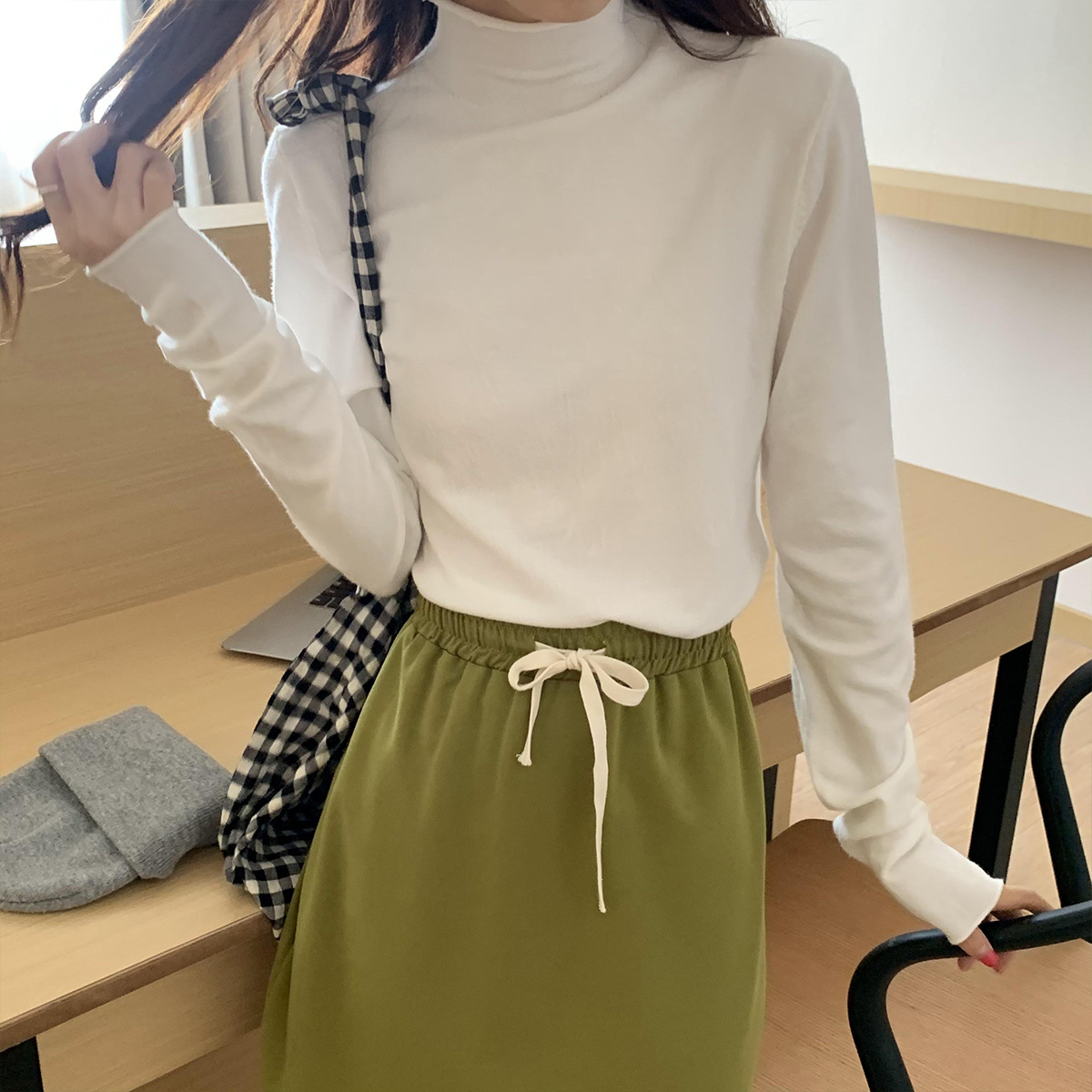 Slim Solid Color Long-Sleeved Small High-Necked Top NSFYF85669