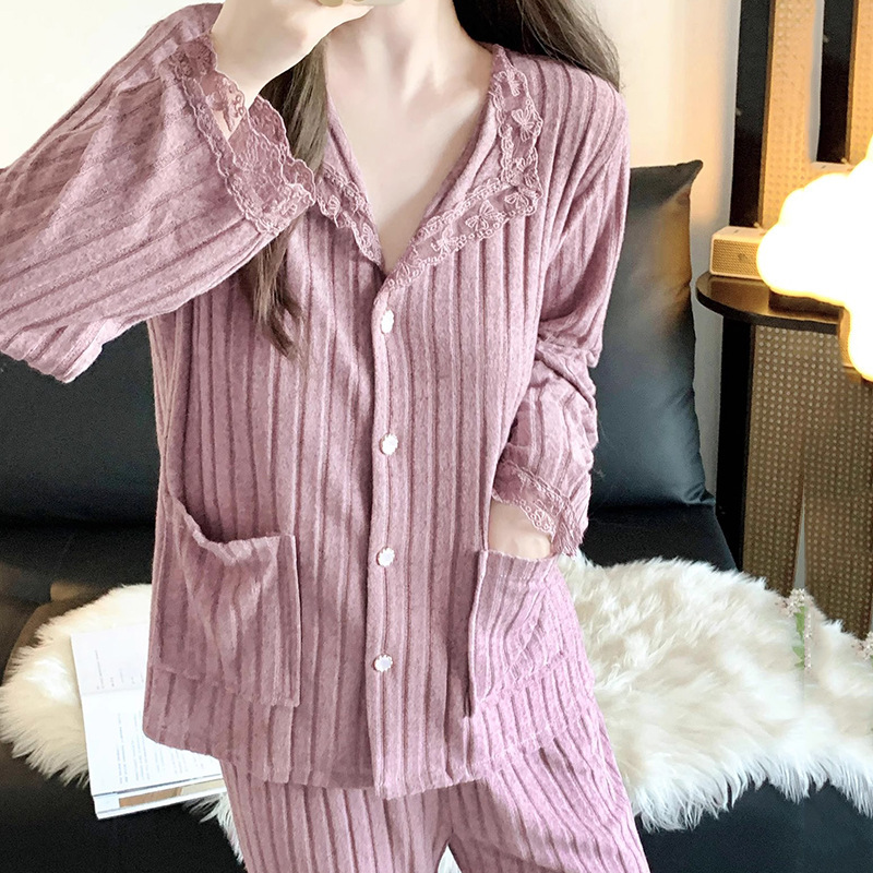 Comfortable Cashmere Pajamas for Women in Spring, Autumn and Winter French Sweet Lace Long-Sleeved Pants with Chest Pads Home Wear Set