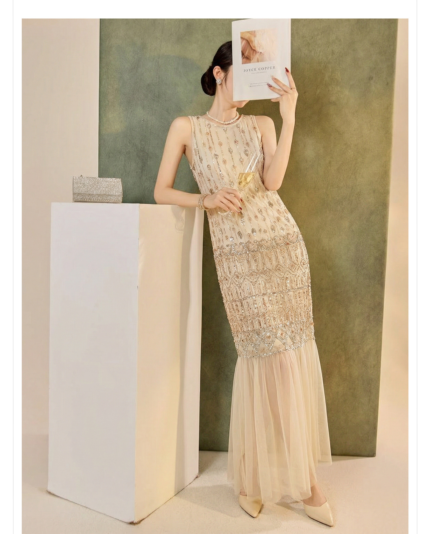 Đầm suông nữ midi phong cách Guofeng tay không sequin cao cấp — màu trắng ngà chi tiết 8