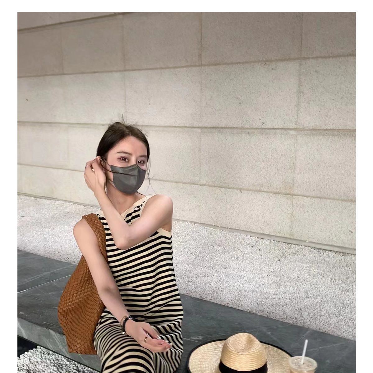 Đầm maxi nữ dây đeo sọc mơ phong cách Hepburn không tay — sọc mơ chi tiết 19