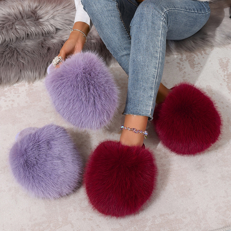Cross-Border Amazon Large Size Solid Color Fluffy Large Fur Slippers Winter Baotou Home Warm Cotton Slippers Factory Wholesale