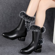 金步康保暖雪地靴女中筒靴粗跟加绒加厚妈妈鞋冬季兔毛新款大码女
