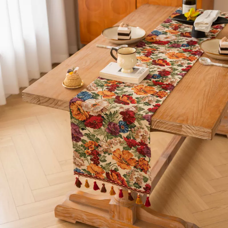 飞阳桌旗美式复古碎花布艺长条桌布氛围感茶几电视会餐桌装饰盖布