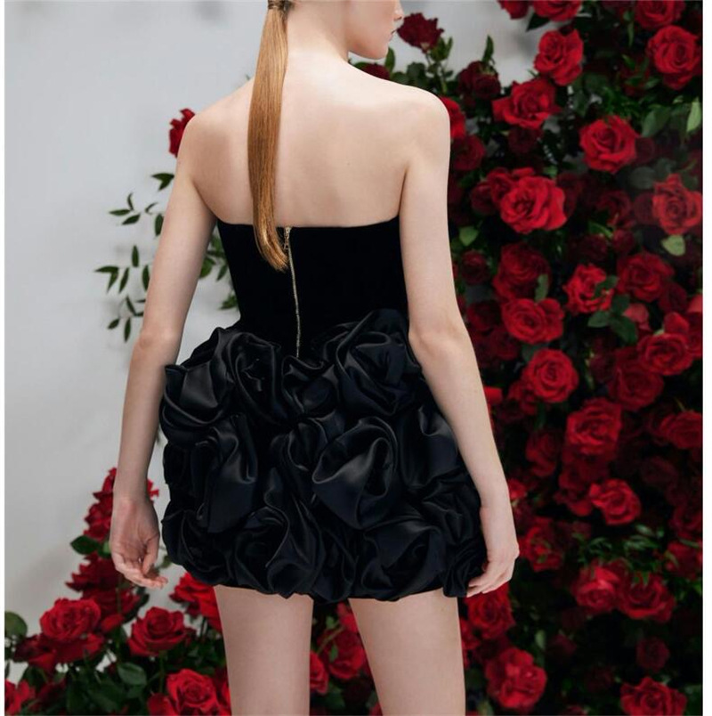 25 봄과 여름 유럽과 미국의 틈새 섹시한 벨벳 가슴 포장 3 차원 장미 작은 푹신한 원피스