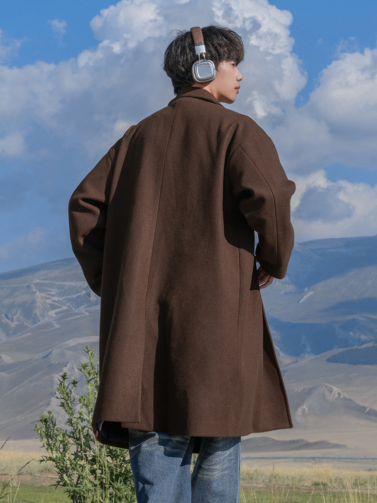 日本風カジュアルミドル丈高級ウールコート メンズ 秋冬 厚手 防風 トレンドブランド ラペル付きウインドブレーカー ジャケットq