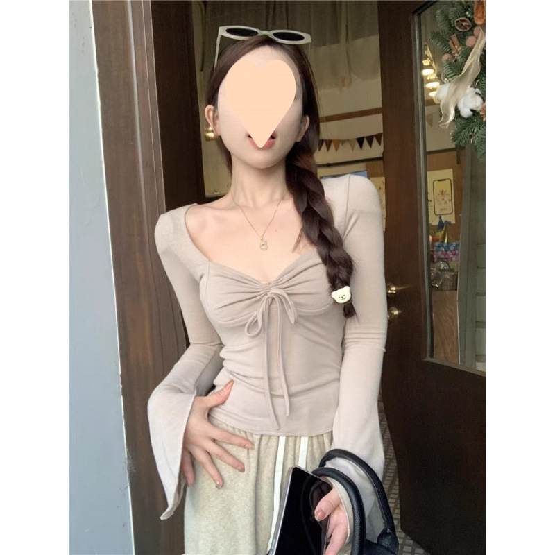 純粋な欲望スタイル巾着レースアップスクエアカラー長袖シャツ女性のための初春の新しいスタイルのスリムフィットへそ出しホットガールトップ|undefined