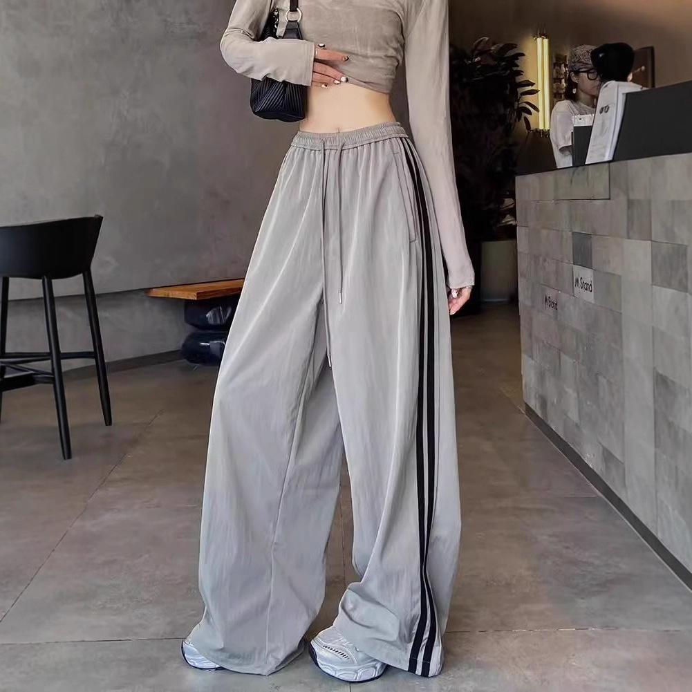 跨境两条杠阔腿裤女新款2026美式拼接运动潮牌宽松休闲工装长裤女