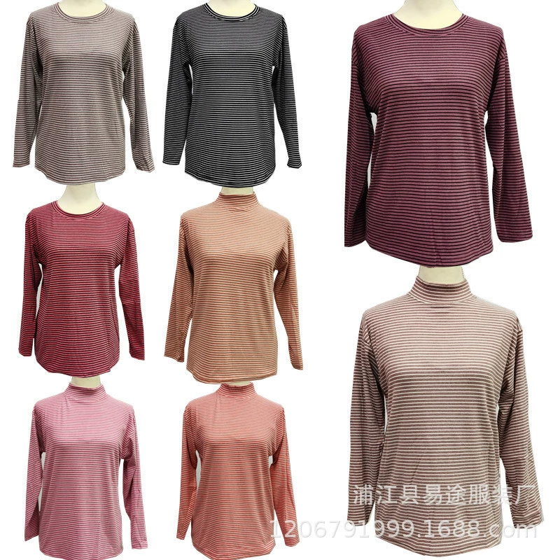 2025 новая осенне-зимняя базовая рубашка для среднего и пожилого возраста с немецкими бархатными тонкими полосками, длинными рукавами, средним круглым вырезом, хлопковым свитером для мамы.