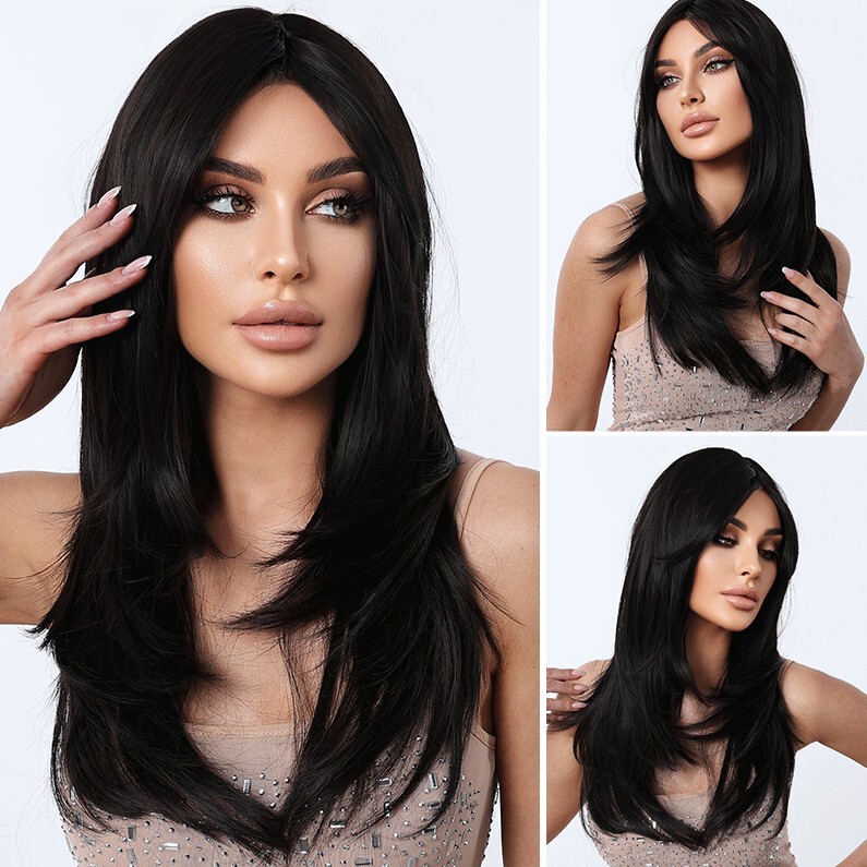 Wig for Women with Bangs, Multi-Layered Long Straight Hair, Synthetic Fiber, Machine-Made, Black-Brown Full Head Wig, Doll-Like Style Wig for Women with Bangs, Multi-Layered Long Straight Hair, Synthetic Fiber, Machine-Made, Black-Brown Full Head Wig, Doll-Like Style