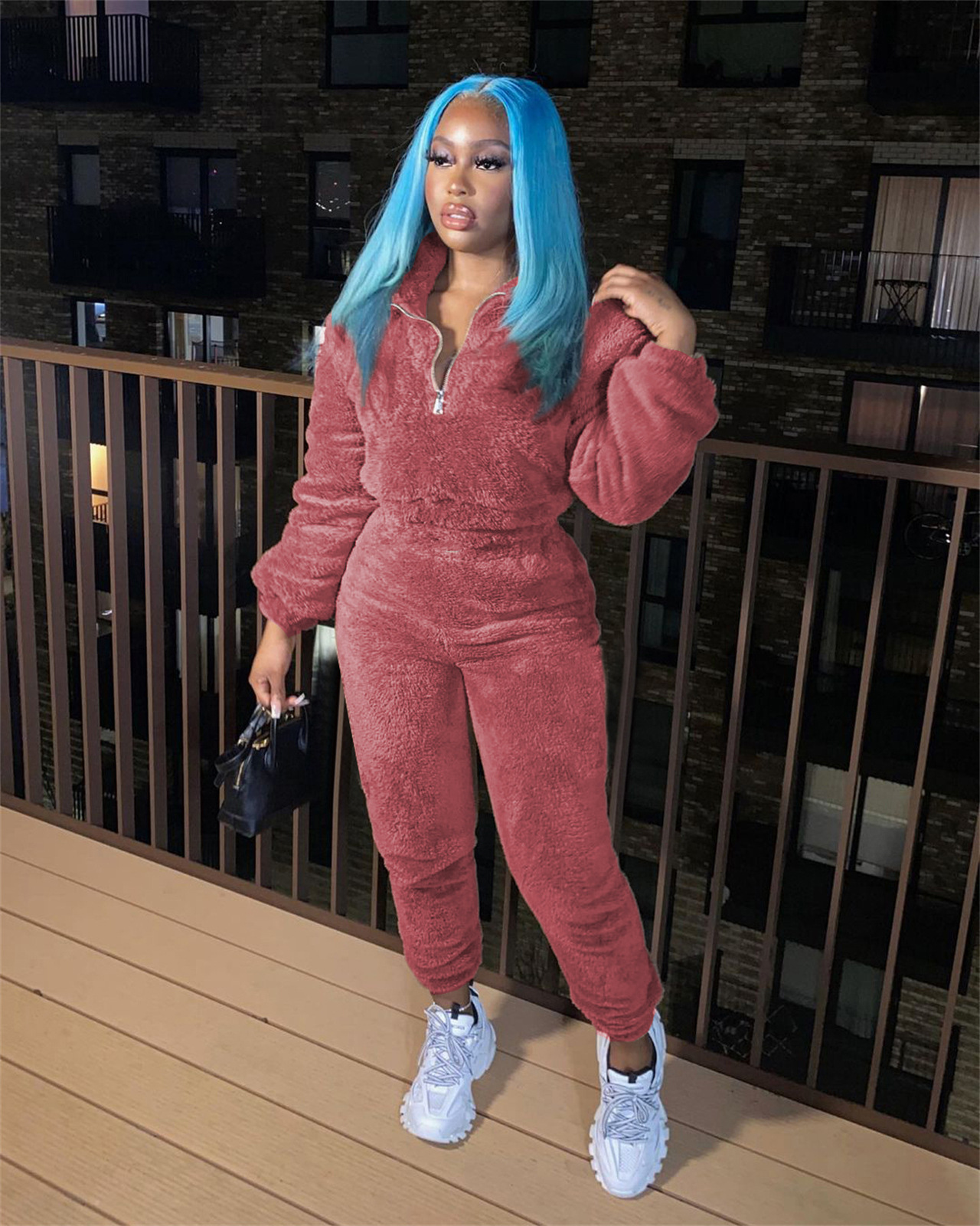 Fashion Solid Color Polyester Zipper Pants Sets 2 Piece Set