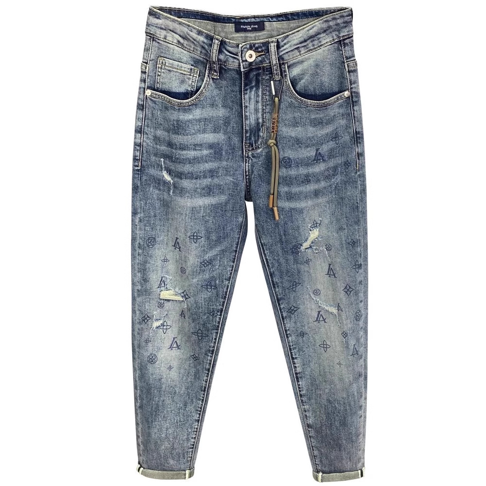 Slim Fit Printed Cropped Jeans For Men Distressed Patched High End Design Blue Low Waist With Slight Stretch From European Brand_voghion.com