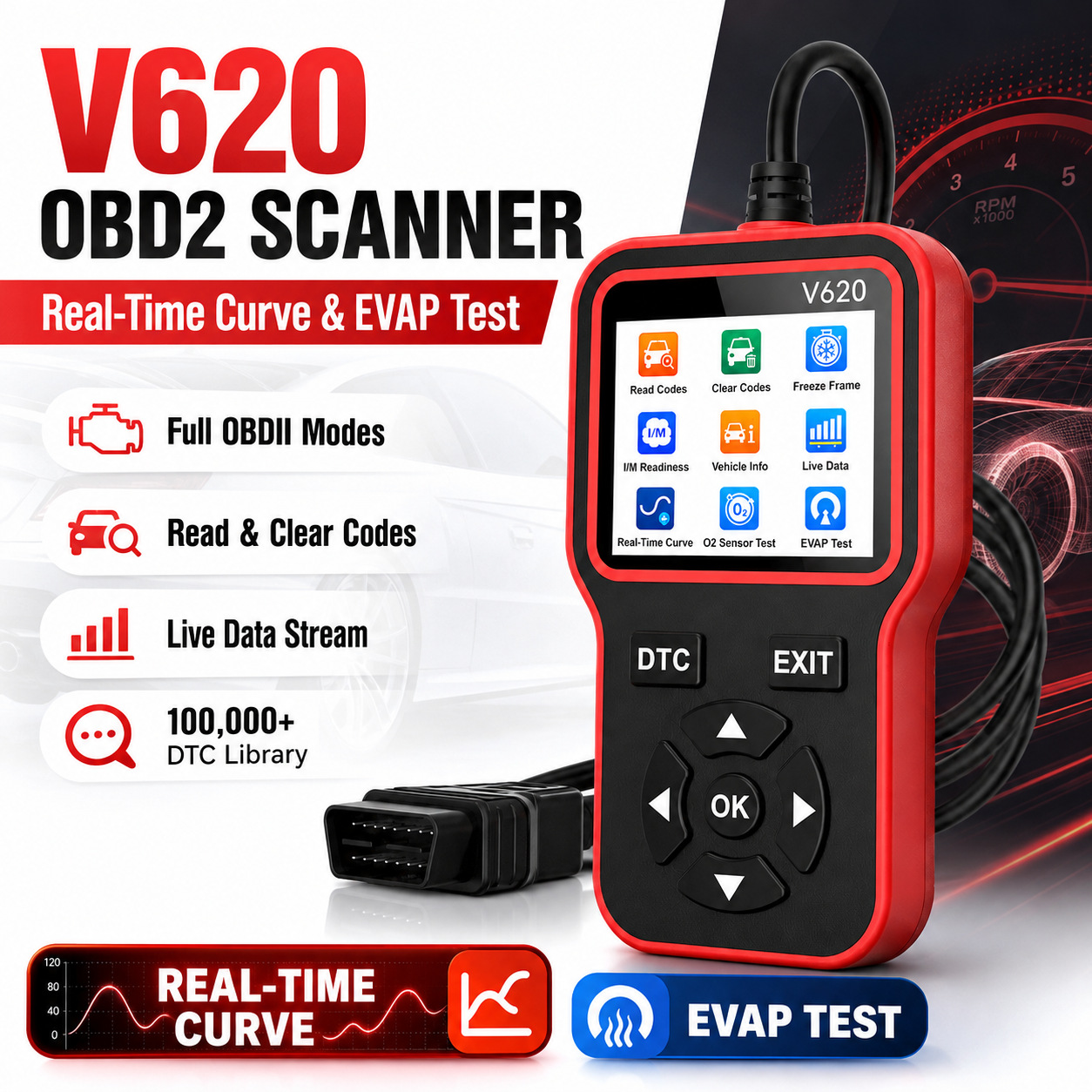 V620 car fault detector diagnostic device OBD2 decoder eraser universal display screen precise decoding