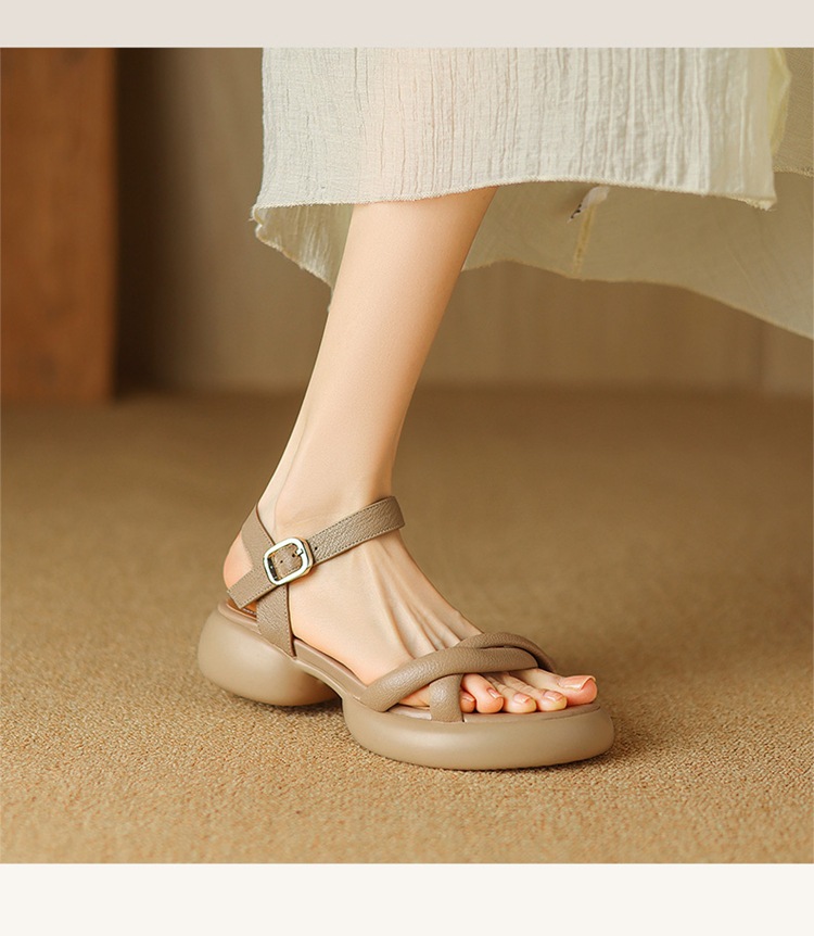 Sandal hở ngón da cừu gót thô platform mũi tròn quai ngang khóa — Màu trắng be chi tiết 7