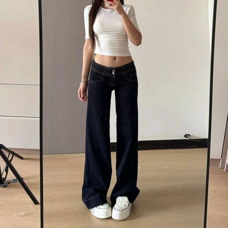 Low-waisted double-button stretch jeans for women, new spring/autumn casual style, versatile, loose, slimming, flared long pants