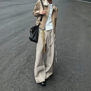老钱风条纹阔腿裤男女小众宽松垂坠感休闲长裤卡其色直筒西装裤子