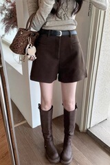 咖色毛呢高腰a字短裤女秋冬款配靴子外穿靴裤显瘦宽松直筒休闲裤