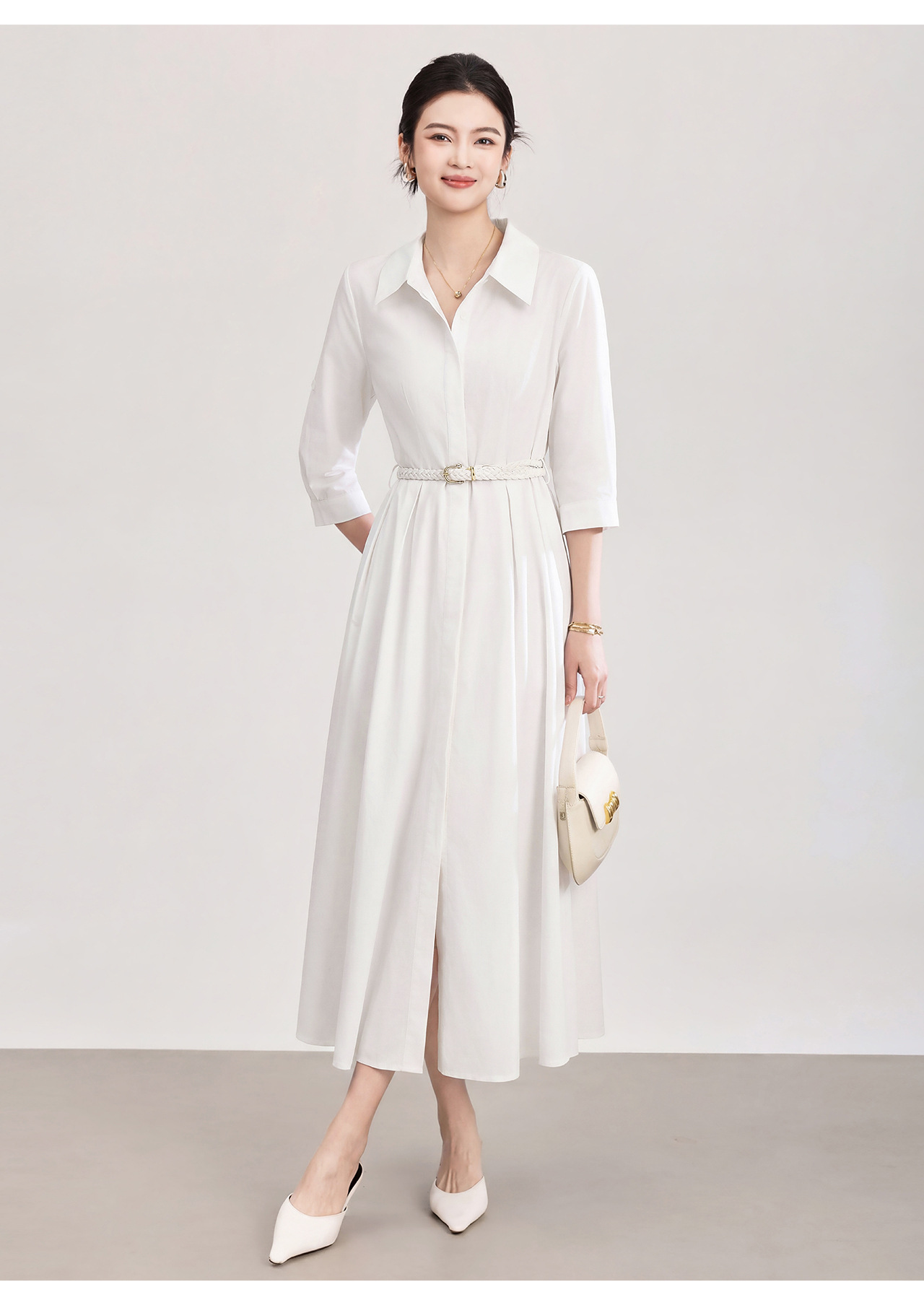 Đầm sơ mi nữ tay dài cổ ve, chất liệu tơ tằm pha cotton, dáng suông thoải mái — xanh lam chi tiết 19