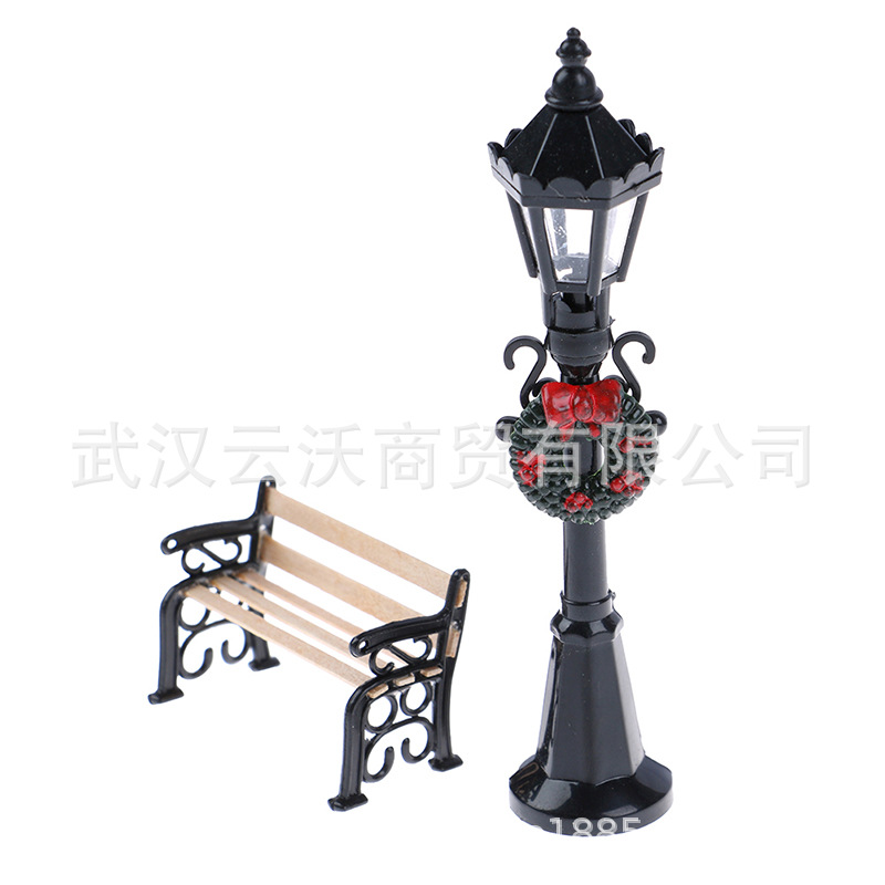 1:12 Dollhouse mini modelo al aire libre escena OB11 negro pequeña lámpara de calle + silla hierro combinación