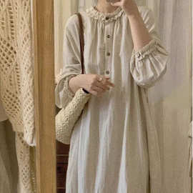 日系复古棉麻长袖连衣裙女2025秋文系气质宽松垂感亚麻长裙子