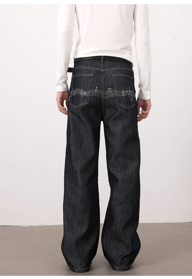 Quần jeans nam màu nguyên bản thêu họa tiết nốt nhạc phong cách retro, dáng cleanfit ống rộng suông chữ A — Xanh nguyên bản chi tiết 10