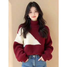 酒红色撞色不规则粗线高领毛衣女款2025新款冬季欧货洋气针织上衣