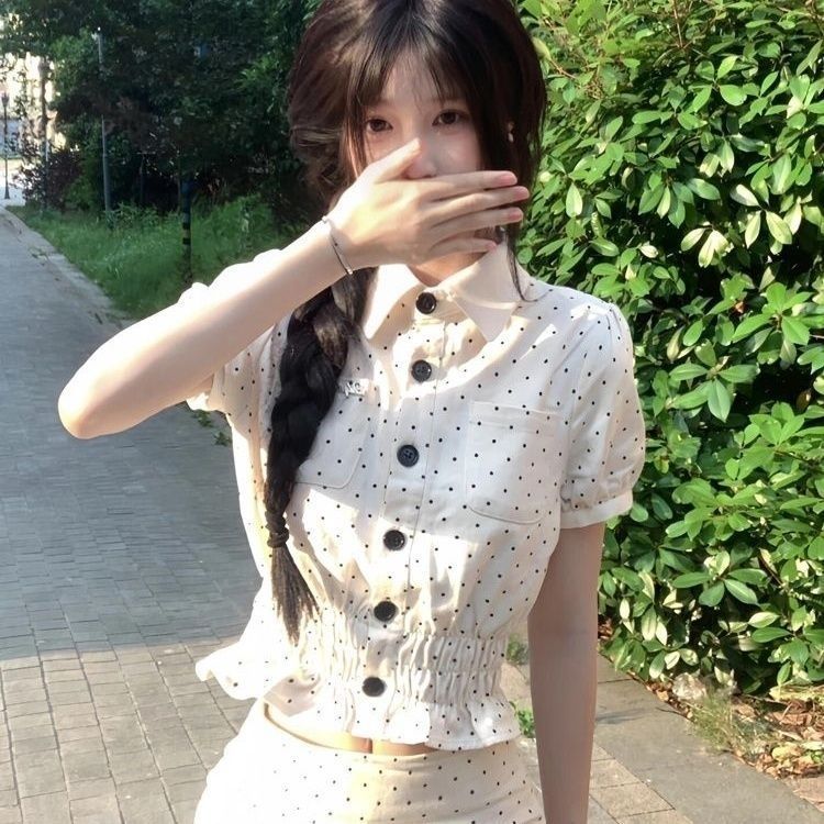富家千金感波点套装裙女夏季甜美翻领短袖衬衫蕾丝边半身裙两件套|undefined