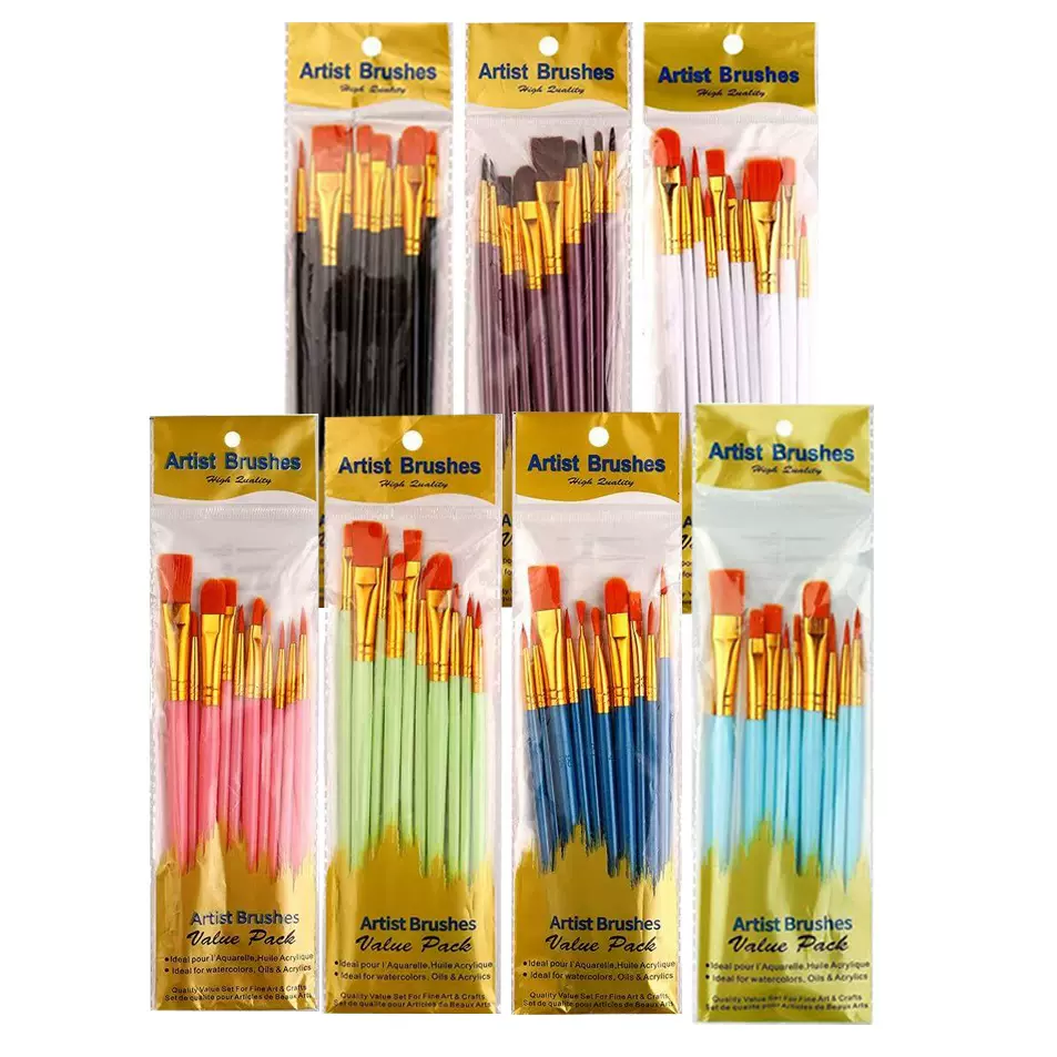 跨境10支油画笔套装珠光塑料杆尼龙毛丙烯水彩水粉绘画笔刷颜料笔