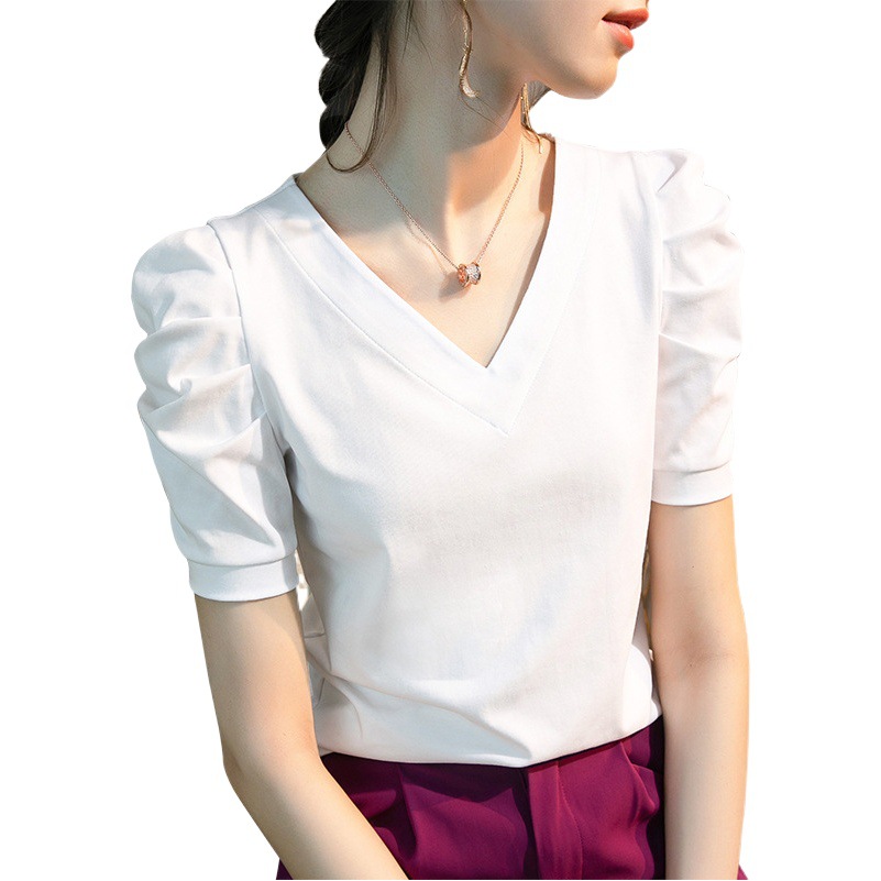 Camiseta con cuello en v para mujer de manga corta 2025 verano nuevo estilo agradable para la piel transpirable de algodón de hielo blanco camiseta suelta de manga abullonada