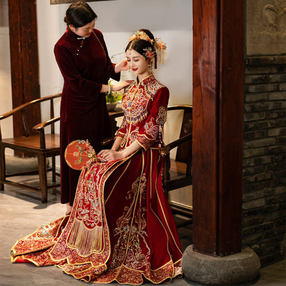 Xiuhe Dress Bride 2023 New Style Toasting Dress Red Dress Women's Wedding Dress Spring Dragon and Phoenix Jacket Slimming Chinese Style Wedding Dress
