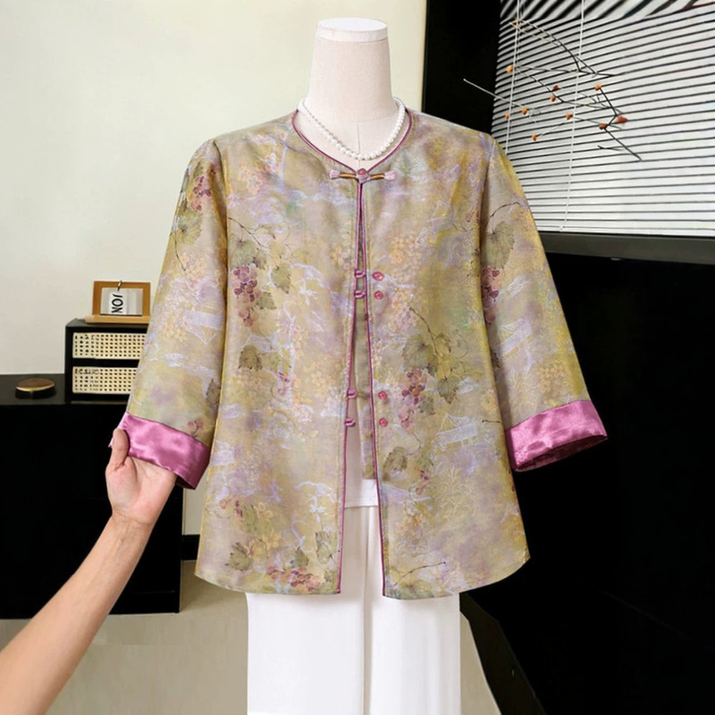 Mom's New Summer Clothing, New Chinese-Style Shirts, Middle-Aged and Elderly Women's Clothing, Large Size Loose Chiffon T-Shirts, Chinese-Style Top Suits
