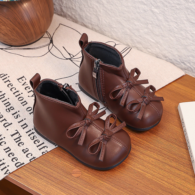 Korean Style Girls' Silver Bow Short Boots Autumn and Winter 1-3 Years Old Kidsren's Cotton Boots Soft Sole Baby Girl Princess Leather Boots