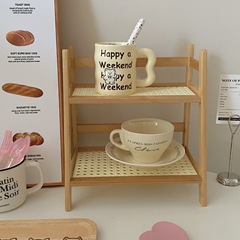 Ins中古風藤編クリーム色二重テーブル棚寮寝室オフィスキッチンカップ棚整理棚