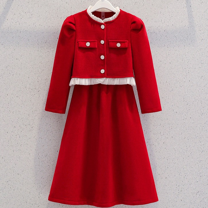 女童小香风年服套装秋冬季新款红色新年战袍中大童洋气外套两件套