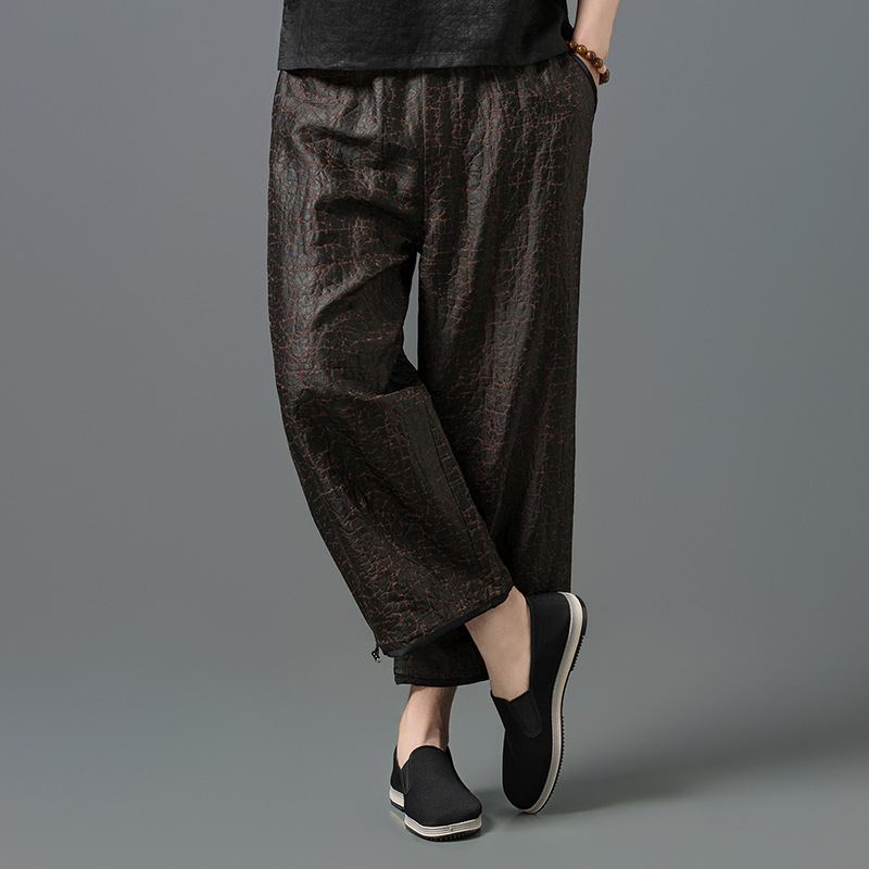 Quần culottes ống rộng lụa tơ tằm họa tiết vân sa rùa phong cách quốc gia — Màu cà phê SPH8813