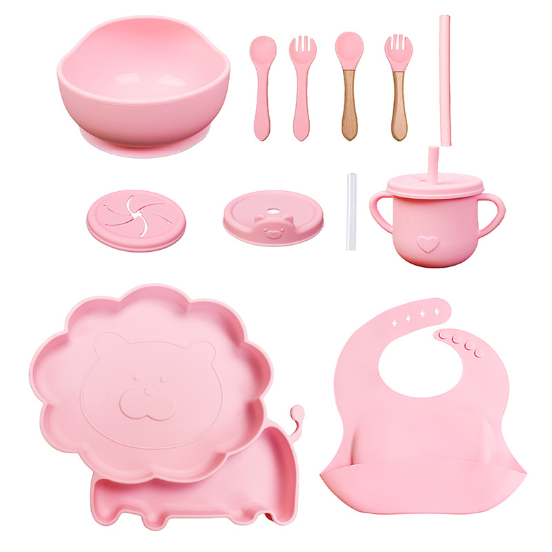 Conjunto de cubiertos para niños tazón de alimentos suplementarios platos de silicona tazón de cuchara de tenedor bib taza de agua de grado alimenticio para bebés alimentación suplementaria