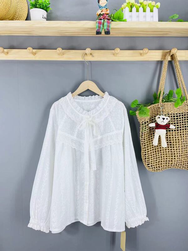 Mori Girl Japanese Style Loose and Versatile Cotton Lace Lace-Up Shirt Maillard Mix and Match Preppy Style Doll Collar Mori Girl Japanese Style Loose and Versatile Cotton Lace Lace-Up Shirt Maillard Mix and Match Preppy Style Doll Collar