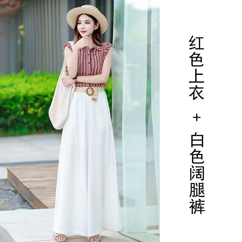 单件/套装 时尚小香风短袖条纹衬衫+阔腿裤两件套小仙女秋季裙裤|undefined