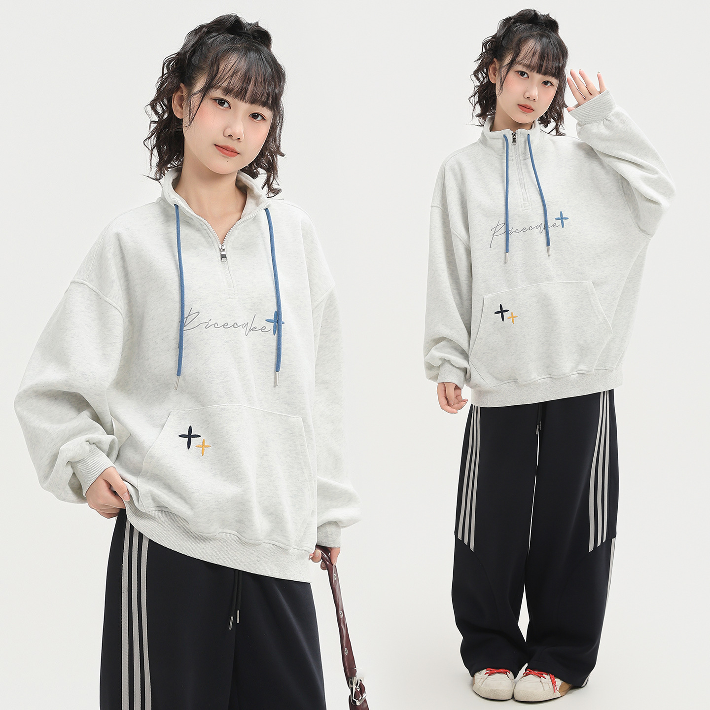 初中女童卫衣春秋装中大童大码宽松半拉链松弛感上衣学生青少年装