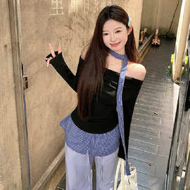 假两件格子拼接一字肩打底衫女春夏2025新款内搭独特别致辣妹上衣