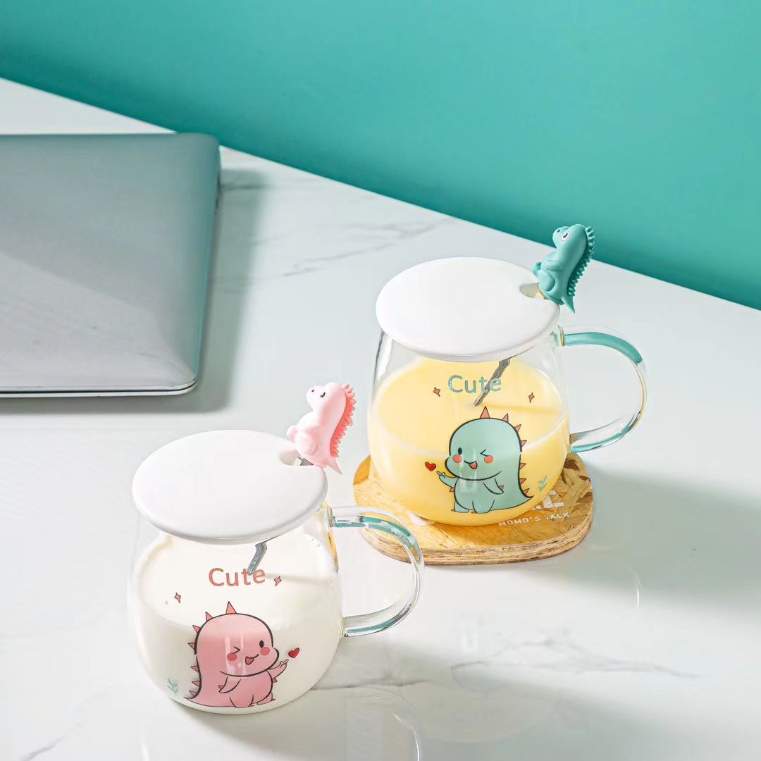 Lindo dinosaurio de dibujos animados taza de agua de cristal con tapa cuchara taza de regalo personalizado taza de jugo de Corea taza de café LOGO