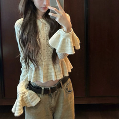 YUYUREAL  私服 镂空钩花荷叶边羊驼毛针织开衫