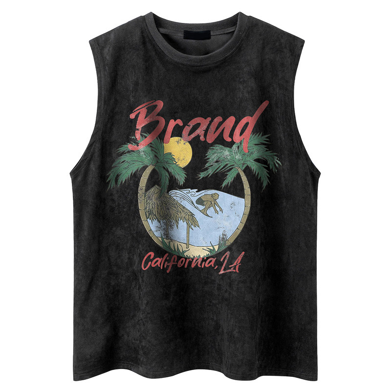 YPRS Men's American Style Retro West Coast Trendy Ins Hip-hop Printed Suede Sleeveless T-Shirt Men's Loose Vest