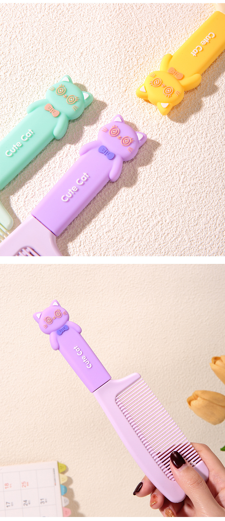 LMLTOP Cartoon big-eyed cat hair Comb, cute silicone handle straight hair comb, long hair smoothing comb SY754 undefined