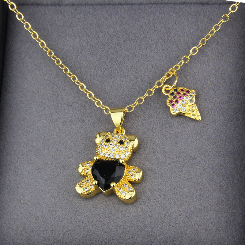 New diamond bear pendant Korean cute teddy bear ice cream combination copper necklace wholesale