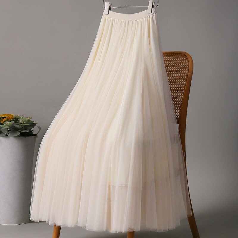Mesh Skirt Square Dance Gauze Skirt 720 Degree Large Swing Dance Skirt High Waist Dance Performance Photo Long Skirt Apricot Color