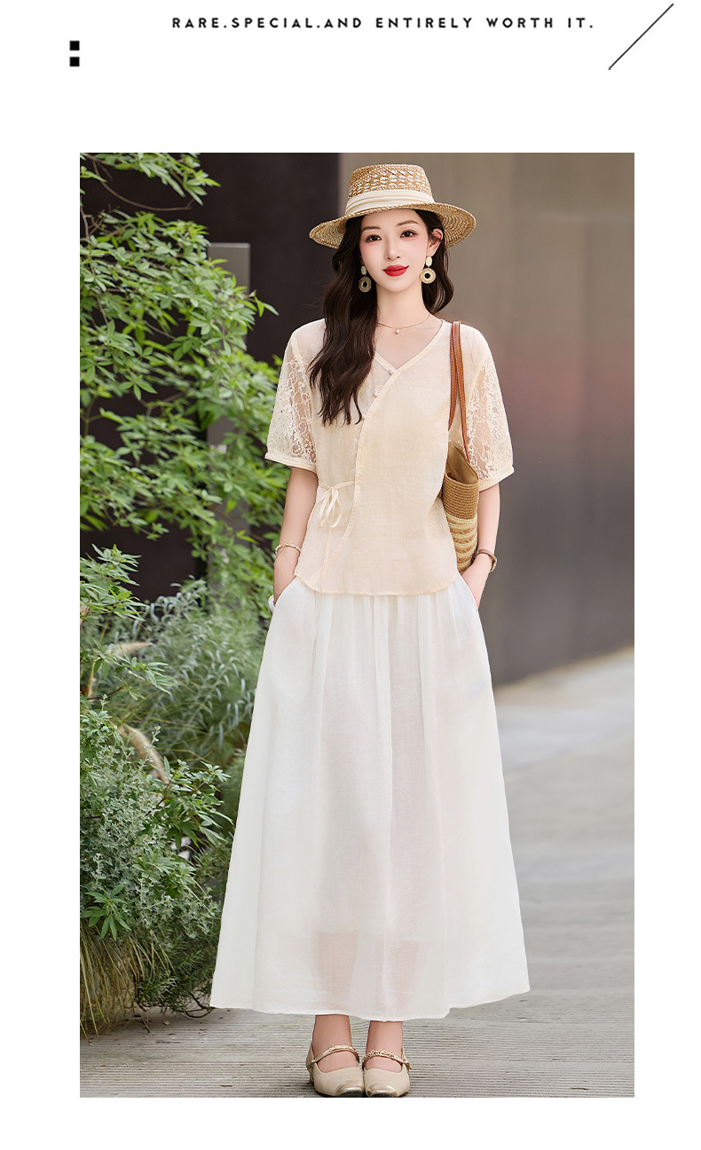 Bộ đầm tân cổ điển nữ hai mảnh áo phối chân váy midi thắt eo — Màu hồng, màu trắng ngà chi tiết 12