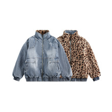 古也男装 日系潮牌2024冬季新款豹纹羊羔绒拼水洗牛仔两面穿棉服