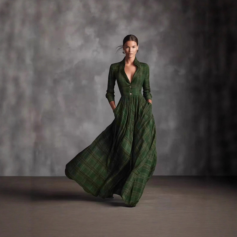 Plus Size Women's Clothing 26 European and American Cross-Border Amazon Independent Station Retro Plaid Long-Sleeved Slim Waist Long Dress
