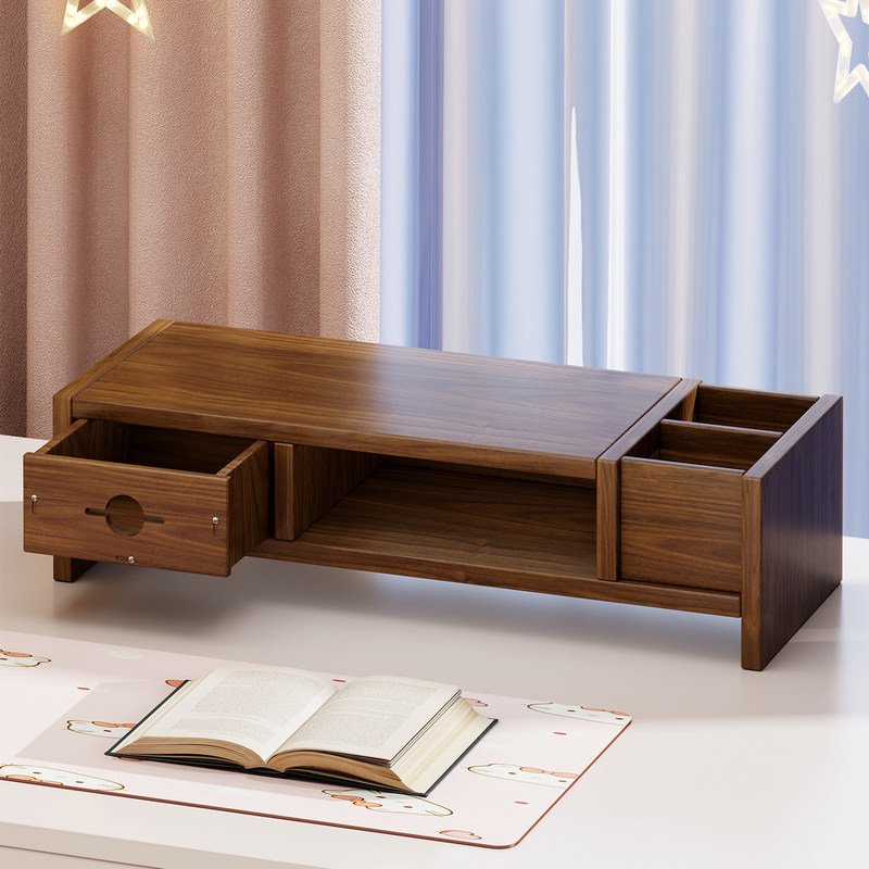 Desktop computer stand with drawers, monitor shelf, and elevated base for office use; laptop stand Desktop computer stand with drawers, monitor shelf, and elevated base for office use; laptop stand