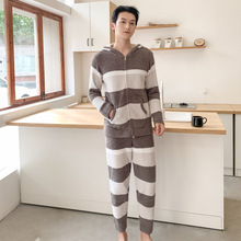 秋冬新款 软绵绵半边绒男士条纹连帽套装家居服简约休闲